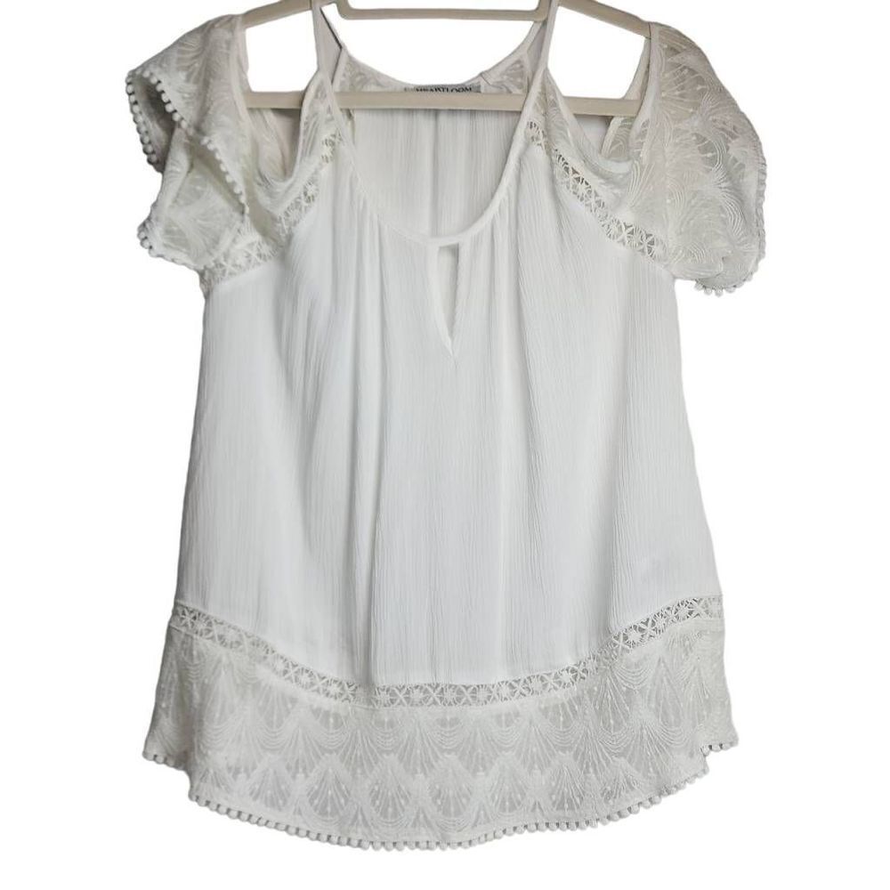 Heartloom Women's White Open‎ Shoulder Keyhole Pompom Lace Blouse Medium